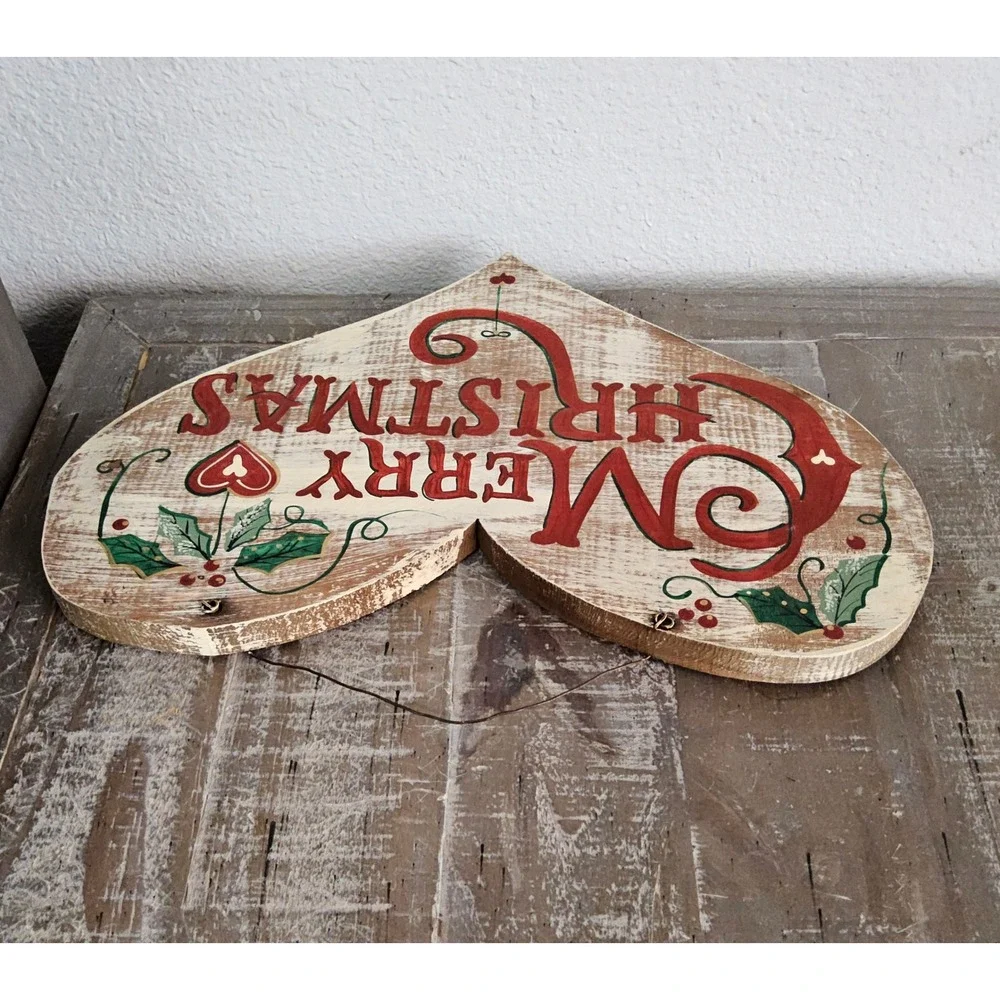 Vintage 1999 Merry Christmas Heart Wood Wall Hanging Folk Art Holiday Decor